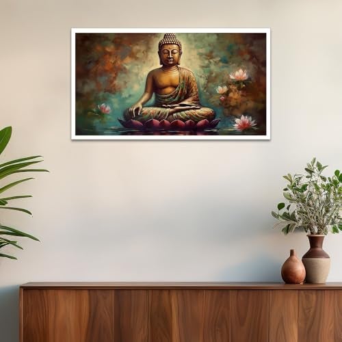 DEKORSTATION Meditating Buddha with Lotus Flower Religious Canvas Painting for Living Room Wall Decoration|Lord Budha Painting for Office Décor|Gautam Budha Wall Painting|Size: 12x24 Inch (FF_836DS) - Image 1