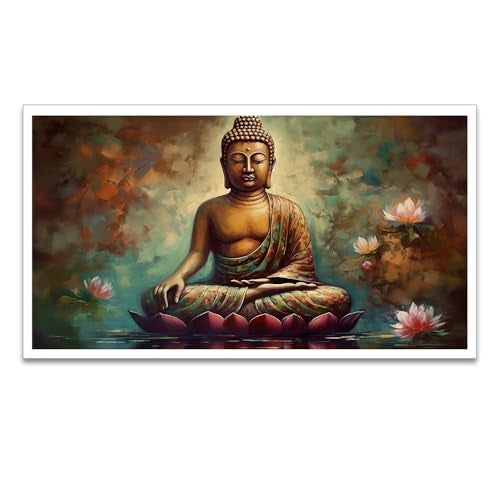 DEKORSTATION Meditating Buddha with Lotus Flower Religious Canvas Painting for Living Room Wall Decoration|Lord Budha Painting for Office Décor|Gautam Budha Wall Painting|Size: 12x24 Inch (FF_836DS) - Image 2