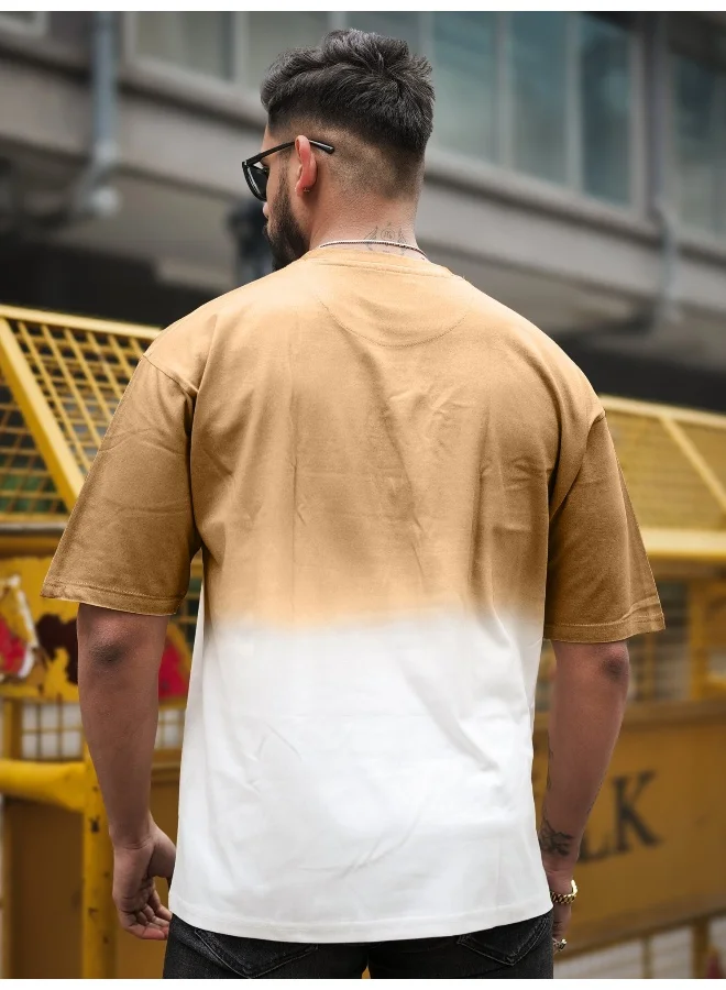 Maniac Maniac Mens MC Ombre Effect Round Neck 3/4th Sleeve Biscuit Cotton T-Shirt