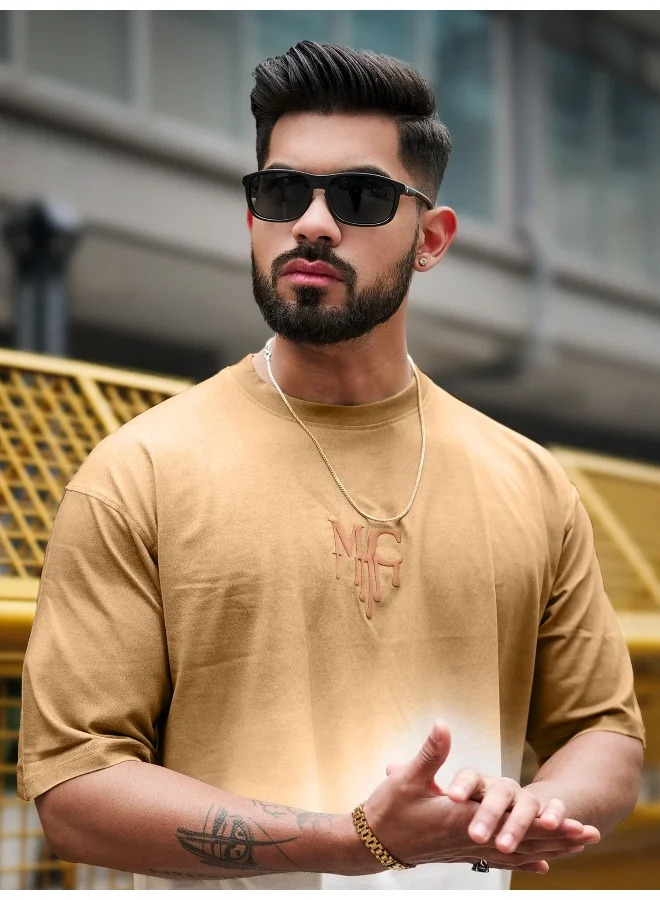 Maniac Maniac Mens MC Ombre Effect Round Neck 3/4th Sleeve Biscuit Cotton T-Shirt