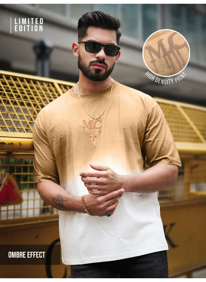مانياك Maniac Mens MC Ombre Effect Round Neck 3/4th Sleeve Biscuit Cotton T-Shirt