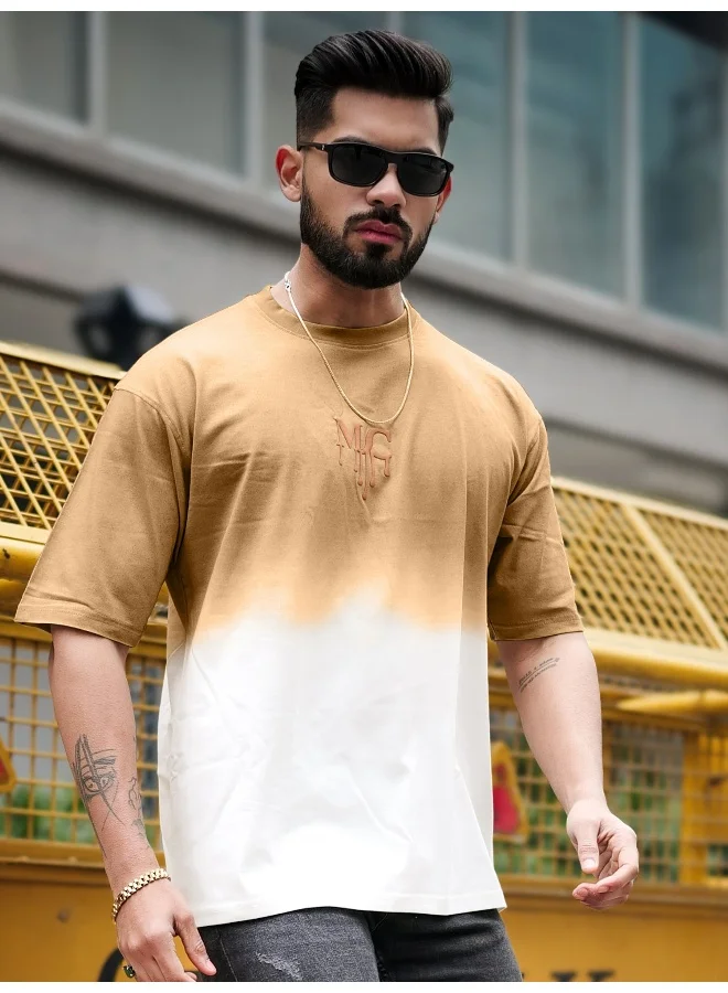Maniac Maniac Mens MC Ombre Effect Round Neck 3/4th Sleeve Biscuit Cotton T-Shirt