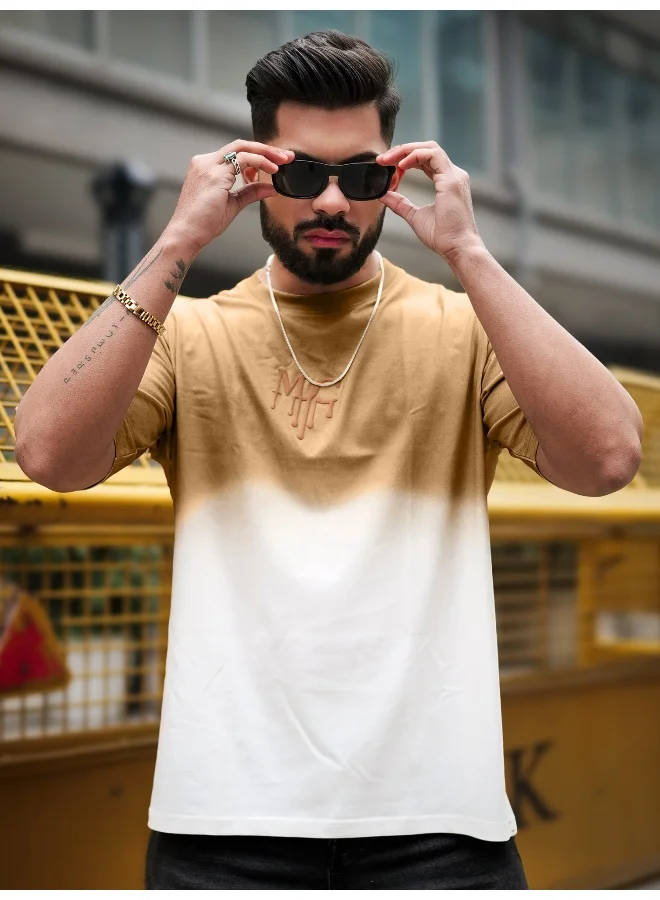 Maniac Maniac Mens MC Ombre Effect Round Neck 3/4th Sleeve Biscuit Cotton T-Shirt