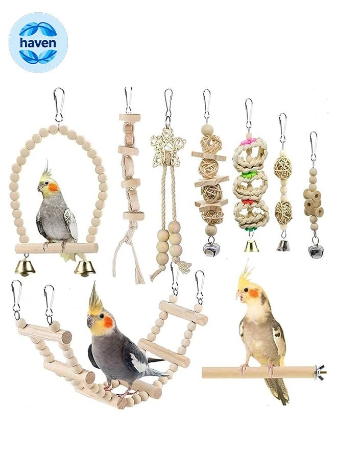 HAVEN 9 Pieces Parrot Swing Toys, Includes Hanging Chew Swing, Climbing Ladder and Bird Cage, Wood Birds Swing Hanging Chewing Bite Rack, Suitable for Budgerigar, Parakeet, Love Birds, Finches - Image 1