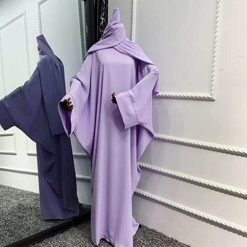 IKADEX Muslim Dress for Women Pakistani Kaftan Abaya Robe + Hijab Arabic Islamic Prayer Clothes Dubai Outfits Light Purple Set - Image 5