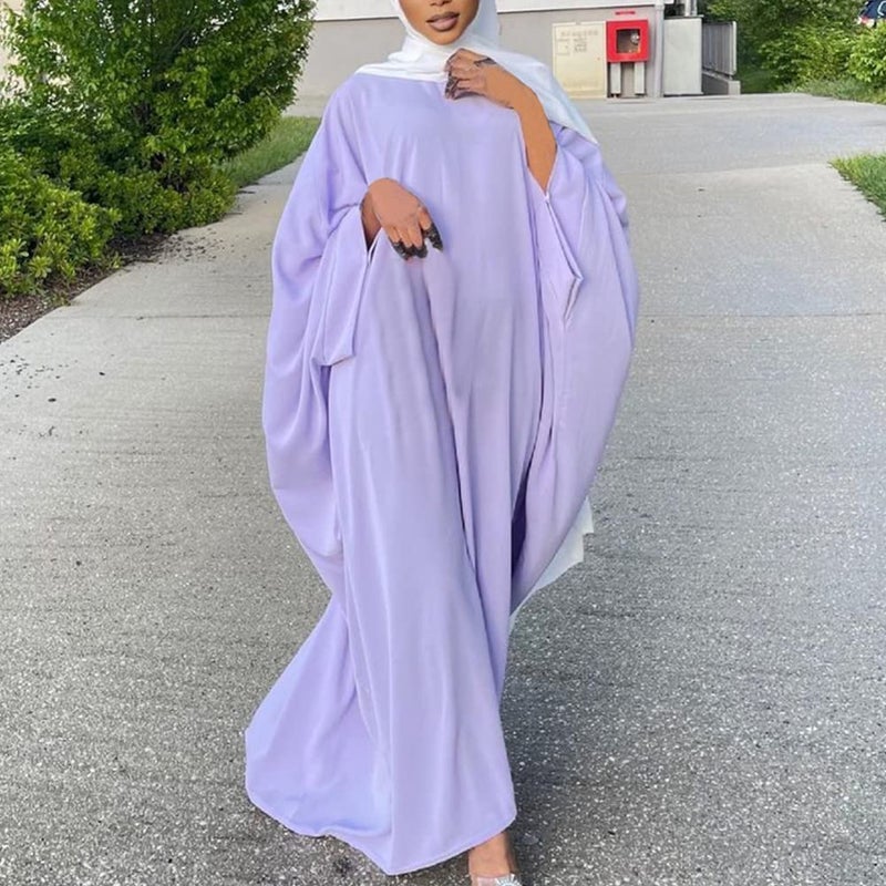 IKADEX Muslim Dress for Women Pakistani Kaftan Abaya Robe + Hijab Arabic Islamic Prayer Clothes Dubai Outfits Light Purple Set - Image 4
