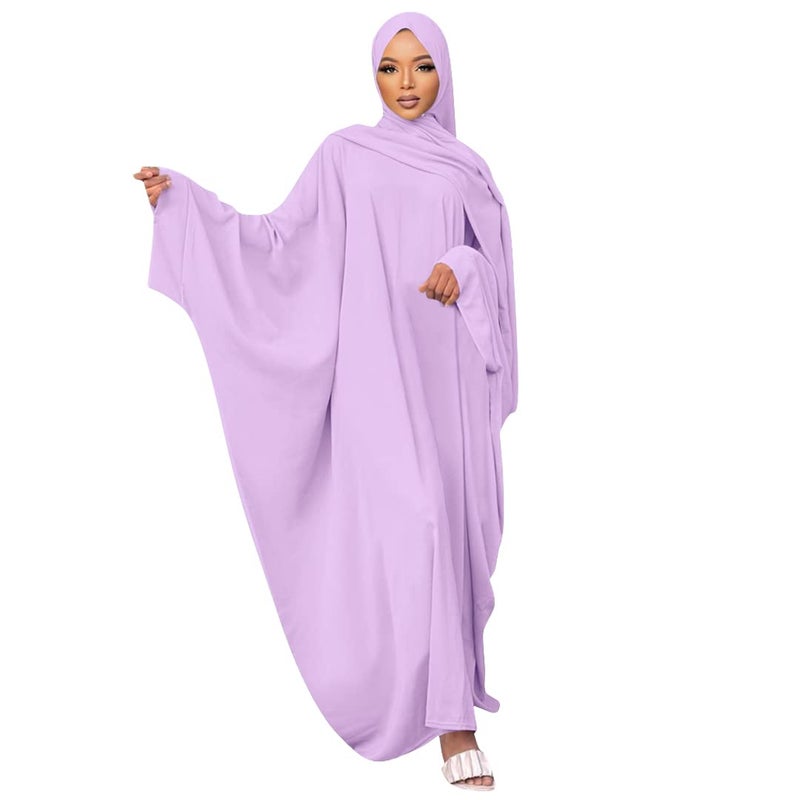 IKADEX Muslim Dress for Women Pakistani Kaftan Abaya Robe + Hijab Arabic Islamic Prayer Clothes Dubai Outfits Light Purple Set - Image 1