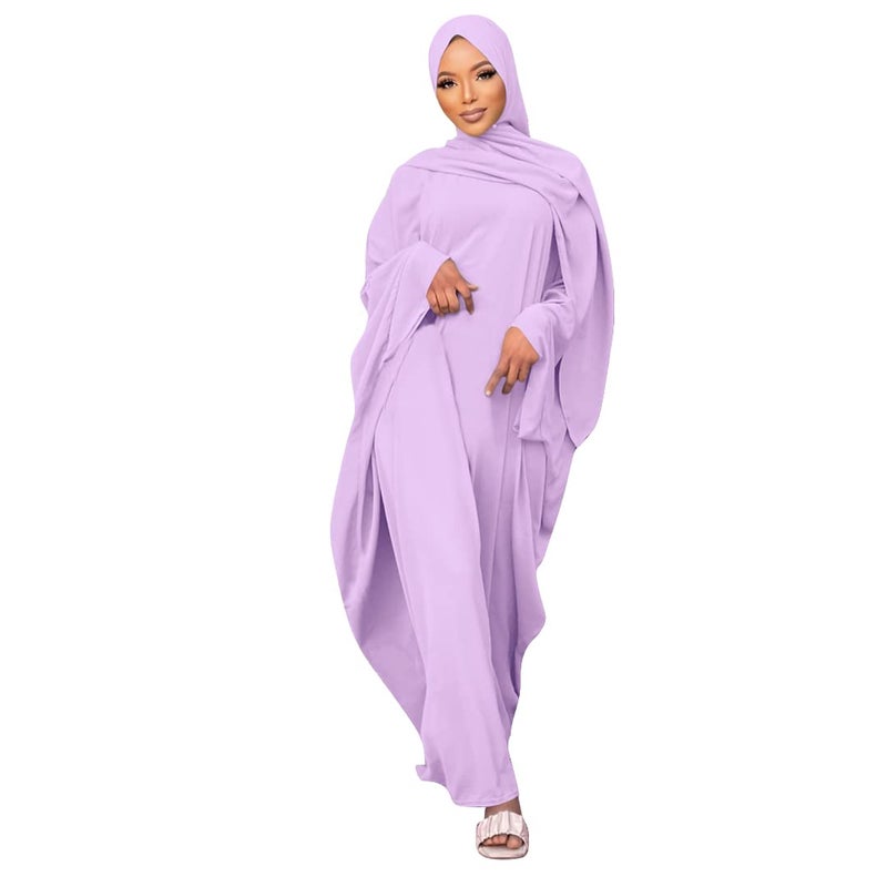 IKADEX Muslim Dress for Women Pakistani Kaftan Abaya Robe + Hijab Arabic Islamic Prayer Clothes Dubai Outfits Light Purple Set - Image 2