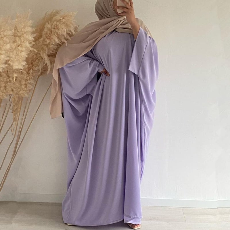 IKADEX Muslim Dress for Women Pakistani Kaftan Abaya Robe + Hijab Arabic Islamic Prayer Clothes Dubai Outfits Light Purple Set - Image 3