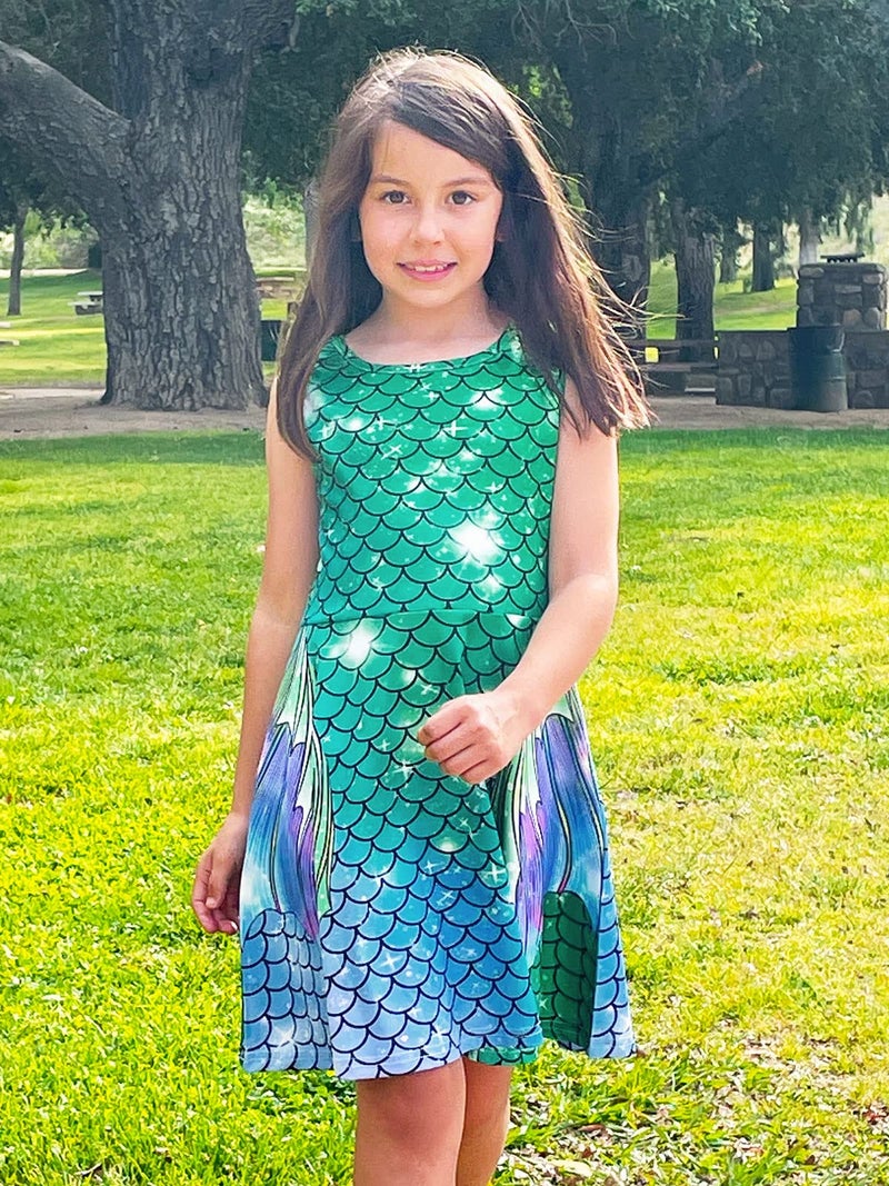Funnycokid Girls Mermaid Dress Size 5-6 Kids Sleeveless Summer Sundress Party Birthday Outfit Twirly Clothes Beach 5 6 Years Green - Image 5