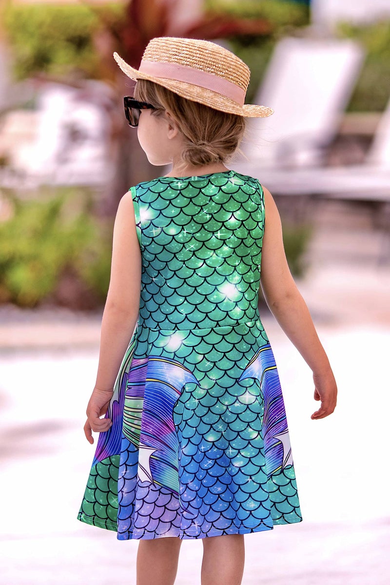 Funnycokid Girls Mermaid Dress Size 5-6 Kids Sleeveless Summer Sundress Party Birthday Outfit Twirly Clothes Beach 5 6 Years Green - Image 3