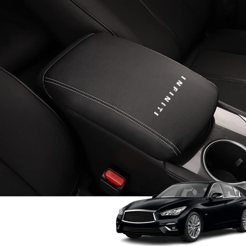 Generic Bmolpt Custom Interior Accessories for Infiniti Q50 2014 2015 2016 2017 2018 2019 2020-2023 Leather Center Armrest Box Cover Armrest Cushion Central Armrest Protector Pad(Black with White Stitching)  - Image 1