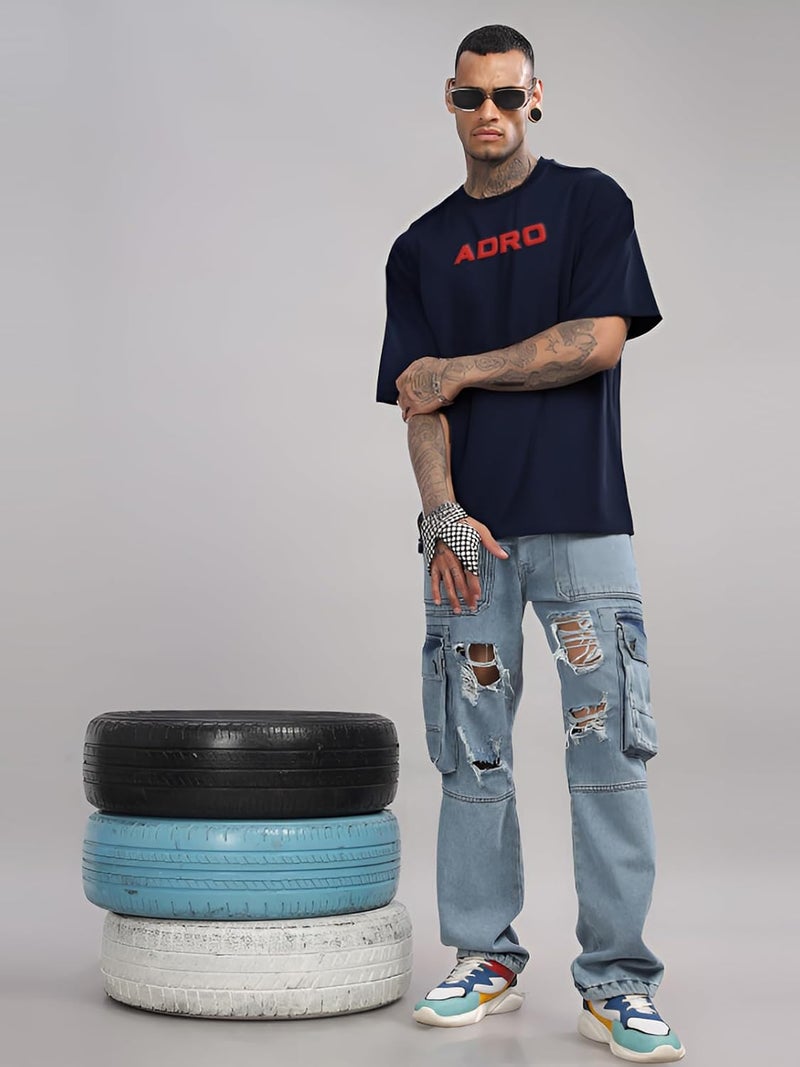 ADRO Men's Oversized Printed T-Shirt with Drop Shoulders - Navy Blue - Image 4