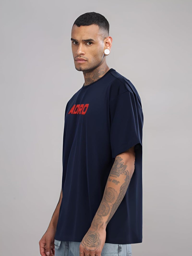 ADRO Men's Oversized Printed T-Shirt with Drop Shoulders - Navy Blue - Image 3