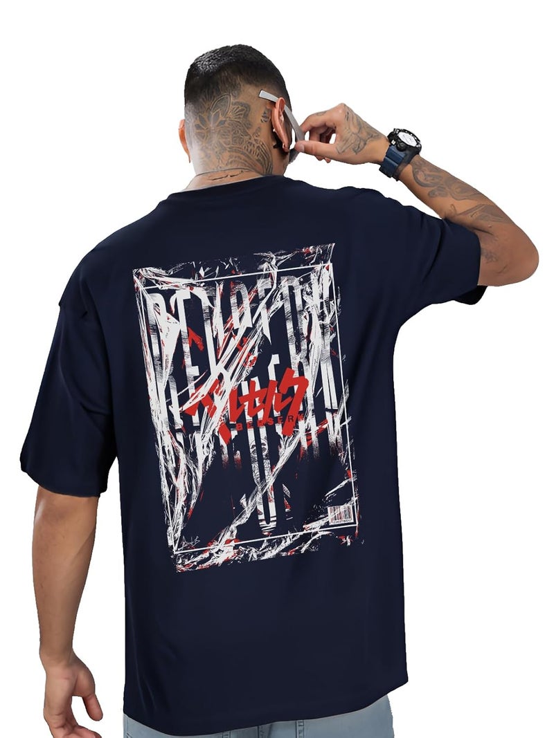 ADRO Men's Oversized Printed T-Shirt with Drop Shoulders - Navy Blue - Image 1