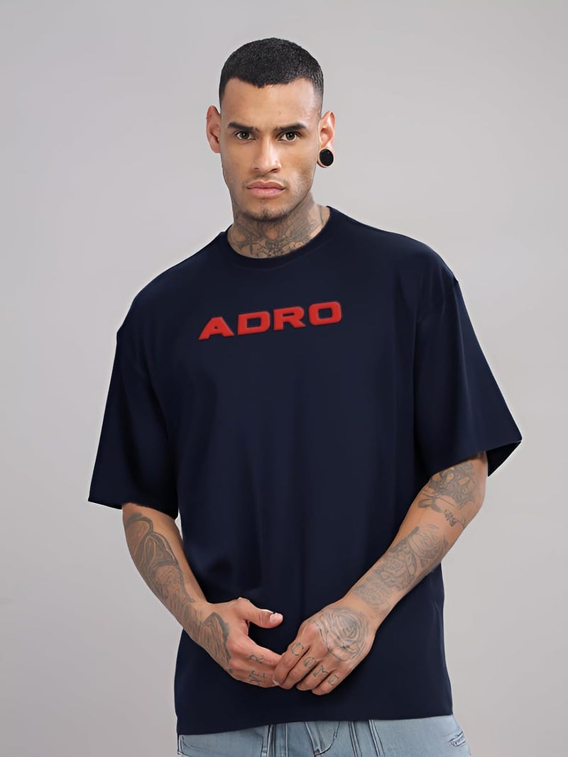 ADRO Men's Oversized Printed T-Shirt with Drop Shoulders - Navy Blue - Image 2