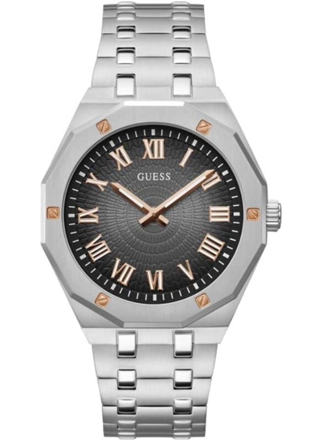 GUESS Men's 42mm Watch - Silver Tone Strap Black Dial Silver Case - Image 1