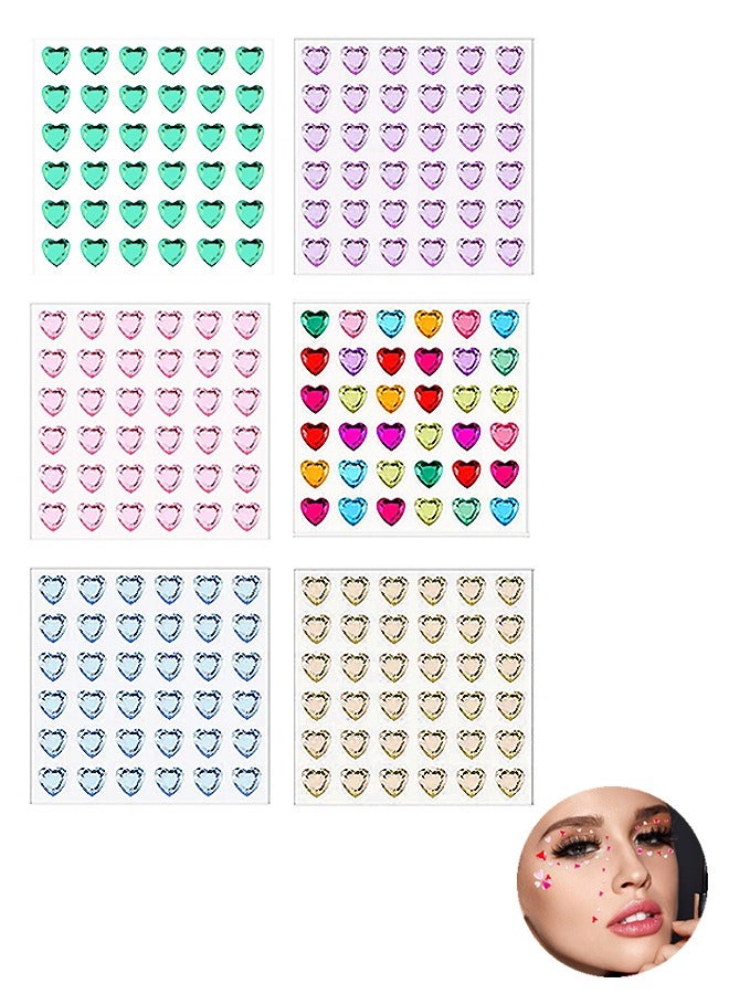 6 أوراق ملصقات جواهر كريستالية، ملصقات أحجار كريمة على شكل قلب أكريليك، ملصق أظافر وجه حجر الراين، أحجار الراين ذاتية اللصق على شكل قلب للحرف اليدوية (ملونة) - Image 1
