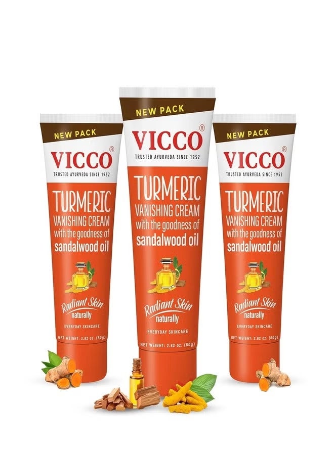 Vicco Turmeric Vanishing Cream with Sandalwood Oil by Vicco – 70 Year Legacy of Ayurveda, with Turmeric for Daily Skincare, Lightweight Formula, Vegan, 100% Natural – 2.82 oz (3 Pack)