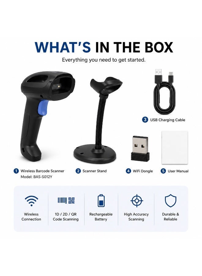 BASEET Wireless Barcode Scanner S012Y with WiFi Dongle, Auto Scan Stand & USB Cable – 1D/2D QR Code Reader for POS Retail Warehouse - Image 2