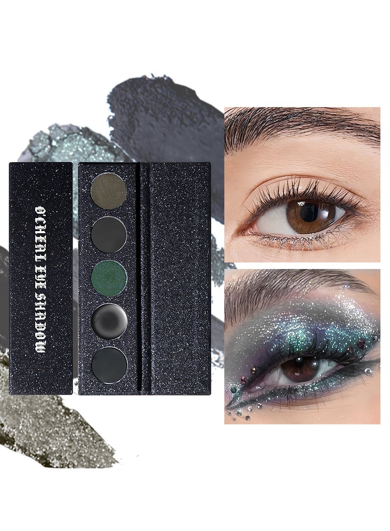 OCHEAL 5 Color Matte Glitter Eyeshadow Palette, Black Dark Smokey Goth Makeup Pallet Shimmer Highlighter Eye Shadow Brow Powder, High Pigmented, Long Lasting-01 - Image 1