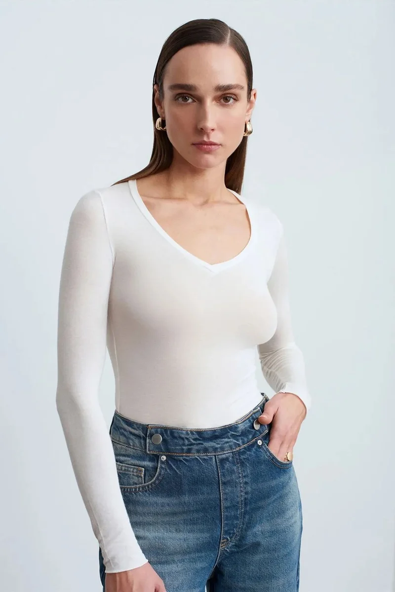 DILVIN Slim Fit V-Neck Long Sleeve Top
