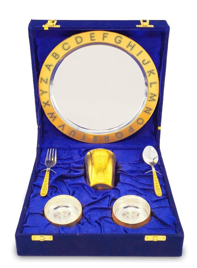 BENGALEN Gold Plated Dinner Set with Blue Velvet Gift Box for Baby Rice Ceremony Annaprashan Sanskar Gifts for Boys Girls Birthday Return Festive Home Decorative Items - Image 1