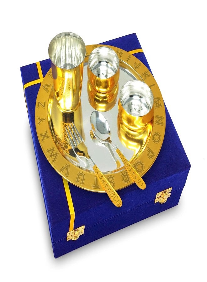 BENGALEN Gold Plated Dinner Set with Blue Velvet Gift Box for Baby Rice Ceremony Annaprashan Sanskar Gifts for Boys Girls Birthday Return Festive Home Decorative Items - Image 5