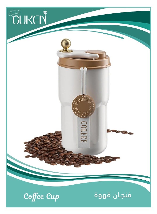 Cuken 420ml Insulated Travel Coffee Mug, Stainless Steel Vacuum Coffee Cup Durable Leakproof Tumbler Thermal Mug Easy Grip Portable Insulated Mug Vehicle, Mounted Cold Water Retaining Trip Cup (Beige)  - Image 1