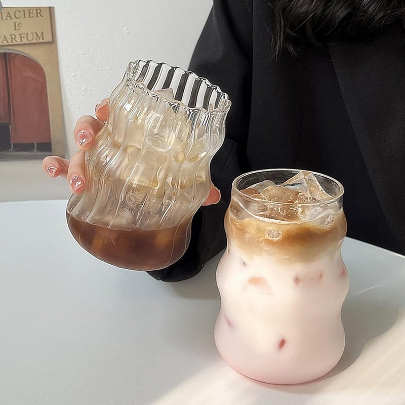 Shovclick Shovclick Vintage Ribbed Glass Cups Wave Shape Cocktail Glasses 18 oz Clear Iced Coffee Glasses Ribbed Glassware Set Ripple Drink Cups for Iced Coffee Juice Beverage Milk Beer Water Wine Martini 1 - Image 5