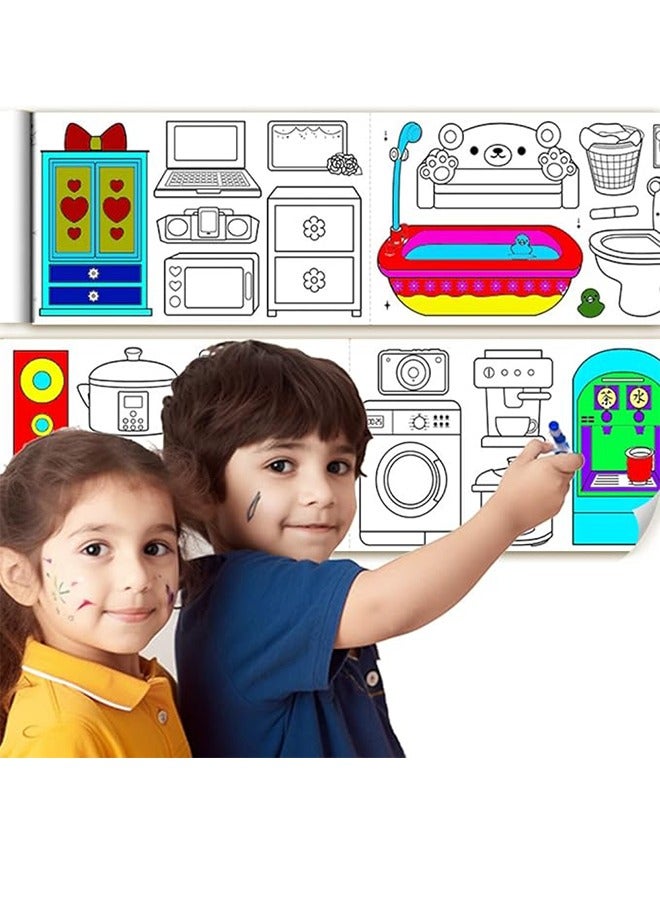 لفة ورق تلوين ضخمة للأطفال، لفة ورق رسم للأطفال الصغار، مجموعة ملصقات طلاء حائط لاصقة نظيفة للغاية كهدية تعليمية، 120 * 11.8 بوصة (الضروريات اليومية) - Image 1