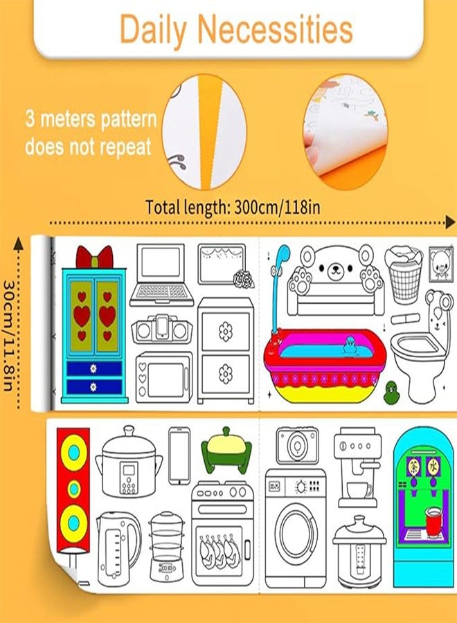 لفة ورق تلوين ضخمة للأطفال، لفة ورق رسم للأطفال الصغار، مجموعة ملصقات طلاء حائط لاصقة نظيفة للغاية كهدية تعليمية، 120 * 11.8 بوصة (الضروريات اليومية) - Image 2