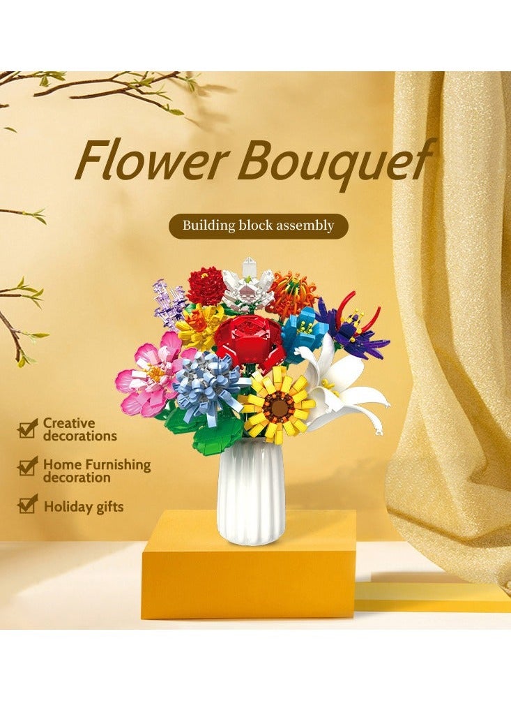 NIBEMINENT - Building Blocks Bouquet Small Particles Of Immortal Roses Girls Puzzle Assembled Flower Toys Girls(Vase not included) - Image 1