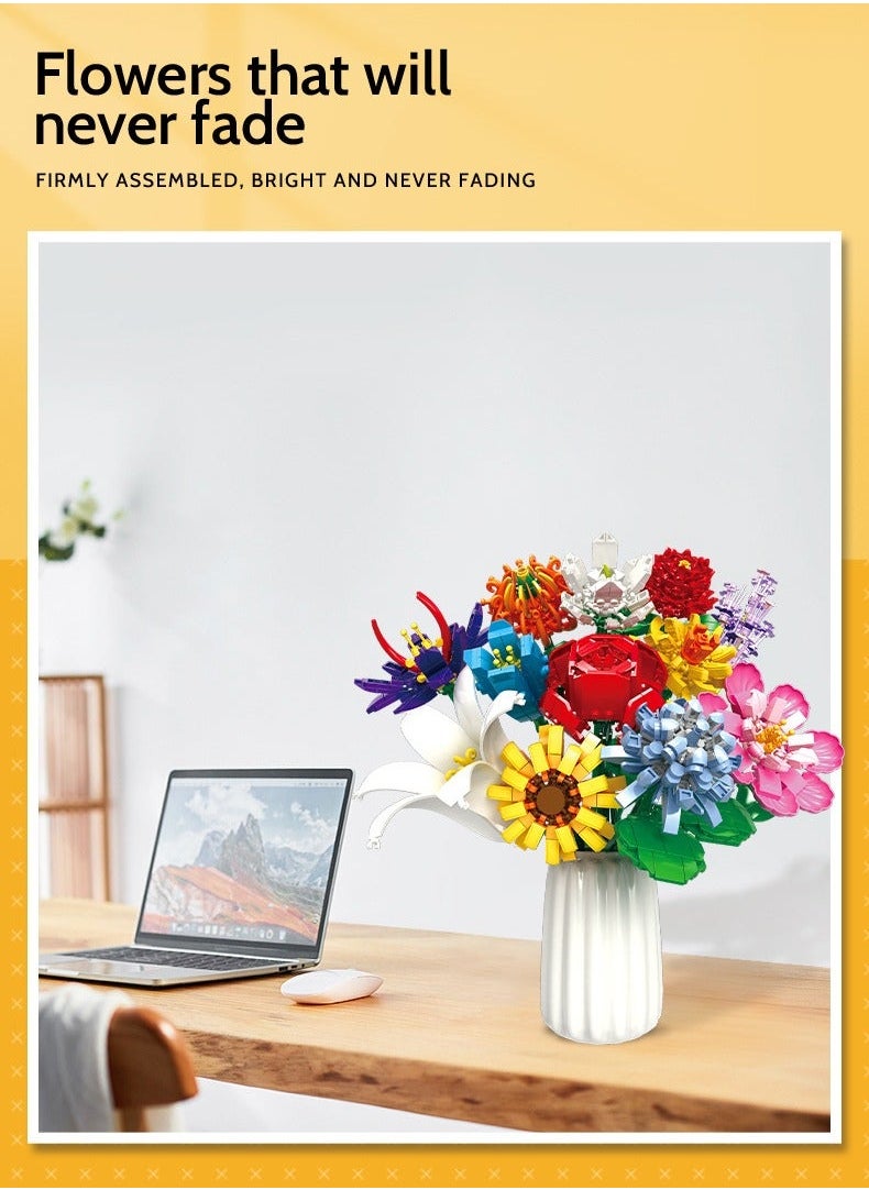 NIBEMINENT - Building Blocks Bouquet Small Particles Of Immortal Roses Girls Puzzle Assembled Flower Toys Girls(Vase not included) - Image 1