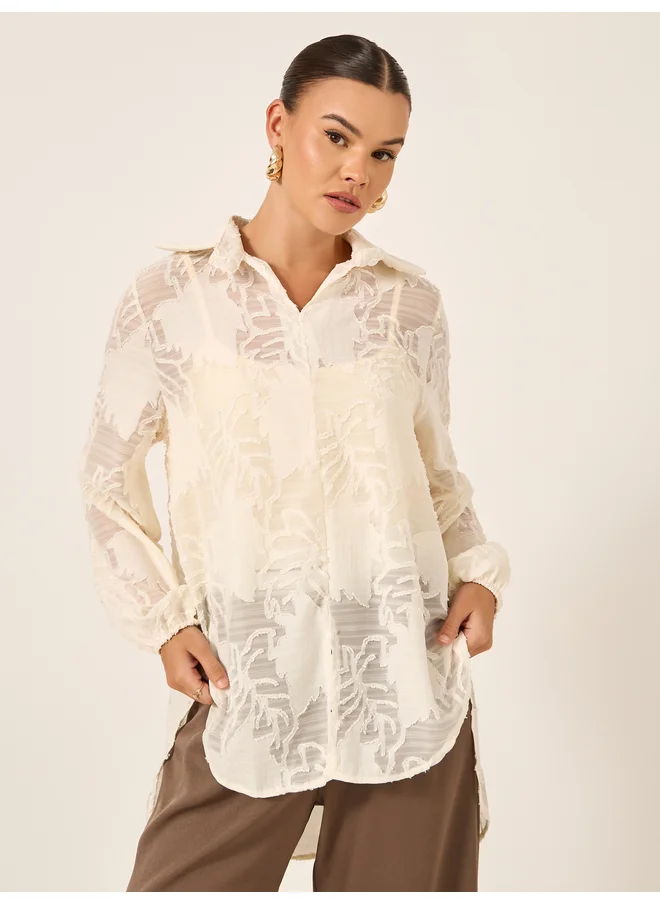 Styli Styli Floral Burn Out Textured Spread Collar Shirt