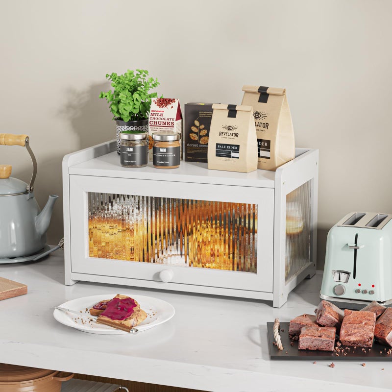 BAMBANG Bamboo Bread Box for Kitchen Countertop, Extra Large Farmhouse Bread Box with 4-Side Clear Panels, Wooden Bread Storage Container for Homemade Bread, White - Image 3