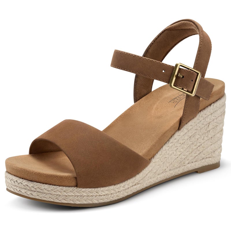 SHIBEVER Women's Wedge Platform Sandals: Espadrille Dressy Comfortable Summer Open Toe Ankle Strap Buckle Women Sandal Tan Size 8 - Image 1