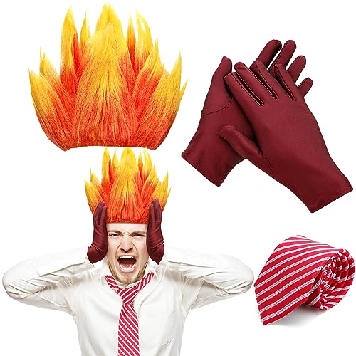 Toulite 3 Pcs Halloween Angry Dress Up Set Included 2 Toned Flame Wig Red Textured Tie Gloves Halloween Cosplay Costume for Men Adult Party Supplies - Image 1
