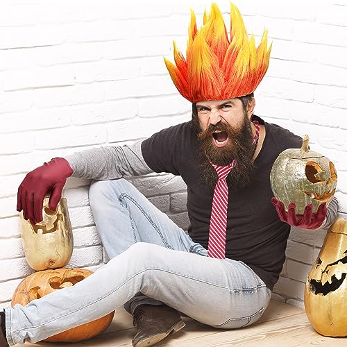 Toulite 3 Pcs Halloween Angry Dress Up Set Included 2 Toned Flame Wig Red Textured Tie Gloves Halloween Cosplay Costume for Men Adult Party Supplies - Image 5