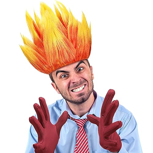 Toulite 3 Pcs Halloween Angry Dress Up Set Included 2 Toned Flame Wig Red Textured Tie Gloves Halloween Cosplay Costume for Men Adult Party Supplies - Image 4