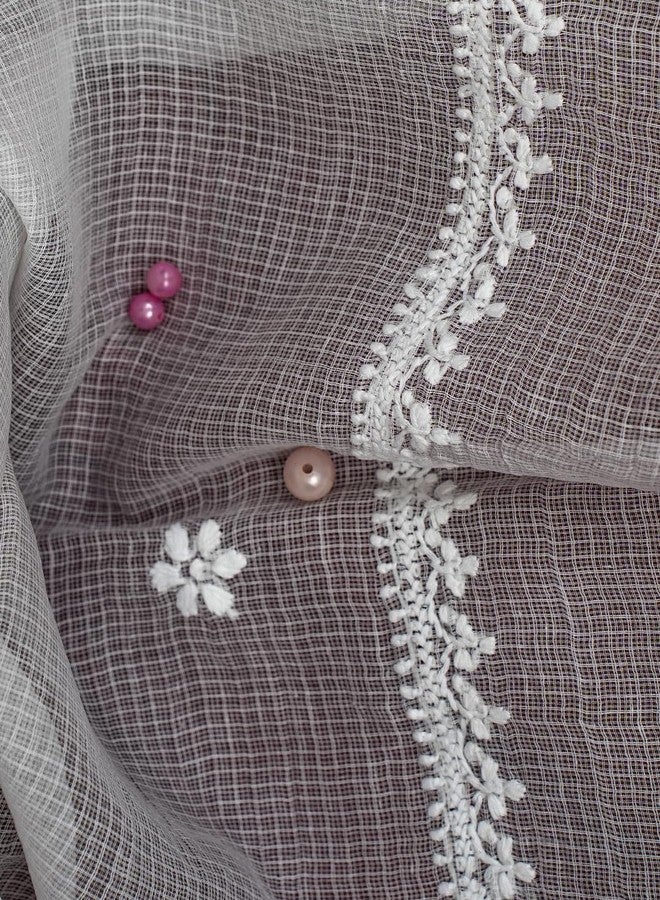 ADA شال أدا المطرز يدويًا بتقنية تشيكانكاري من لوكناو، قطن مزيج أبيض للنساء A511111 - Image 4