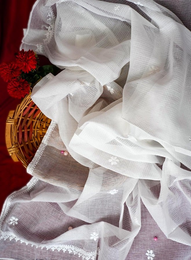 ADA شال أدا المطرز يدويًا بتقنية تشيكانكاري من لوكناو، قطن مزيج أبيض للنساء A511111 - Image 2