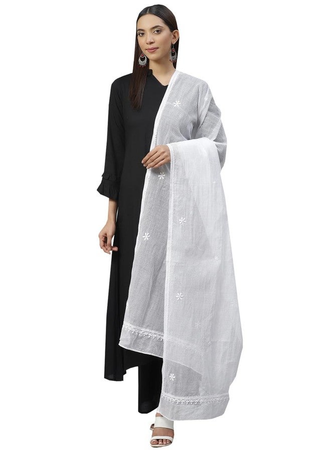 ADA شال أدا المطرز يدويًا بتقنية تشيكانكاري من لوكناو، قطن مزيج أبيض للنساء A511111 - Image 1