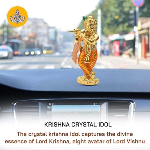 Tarang Arts Lord Krishna Crystal Idol with Flute, Small comapct Size Brass Krishna Statue for Home Decor, Car Dashboard, Puja Room, Religious Festivals & Gifts (3x1 Inch, Orange) - Image 3