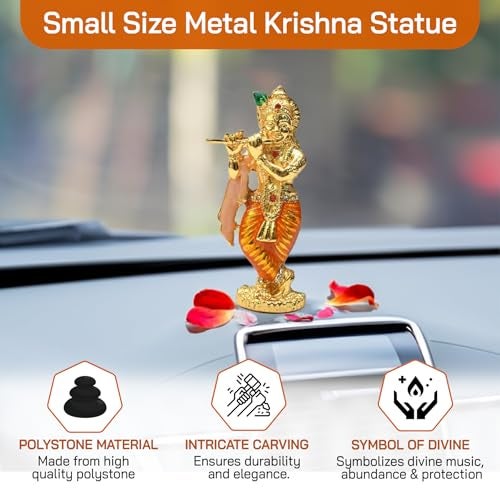 Tarang Arts Lord Krishna Crystal Idol with Flute, Small comapct Size Brass Krishna Statue for Home Decor, Car Dashboard, Puja Room, Religious Festivals & Gifts (3x1 Inch, Orange) - Image 5