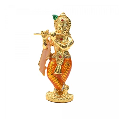 Tarang Arts Lord Krishna Crystal Idol with Flute, Small comapct Size Brass Krishna Statue for Home Decor, Car Dashboard, Puja Room, Religious Festivals & Gifts (3x1 Inch, Orange) - Image 1