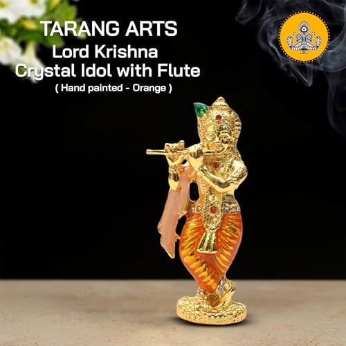 Tarang Arts Lord Krishna Crystal Idol with Flute, Small comapct Size Brass Krishna Statue for Home Decor, Car Dashboard, Puja Room, Religious Festivals & Gifts (3x1 Inch, Orange) - Image 2
