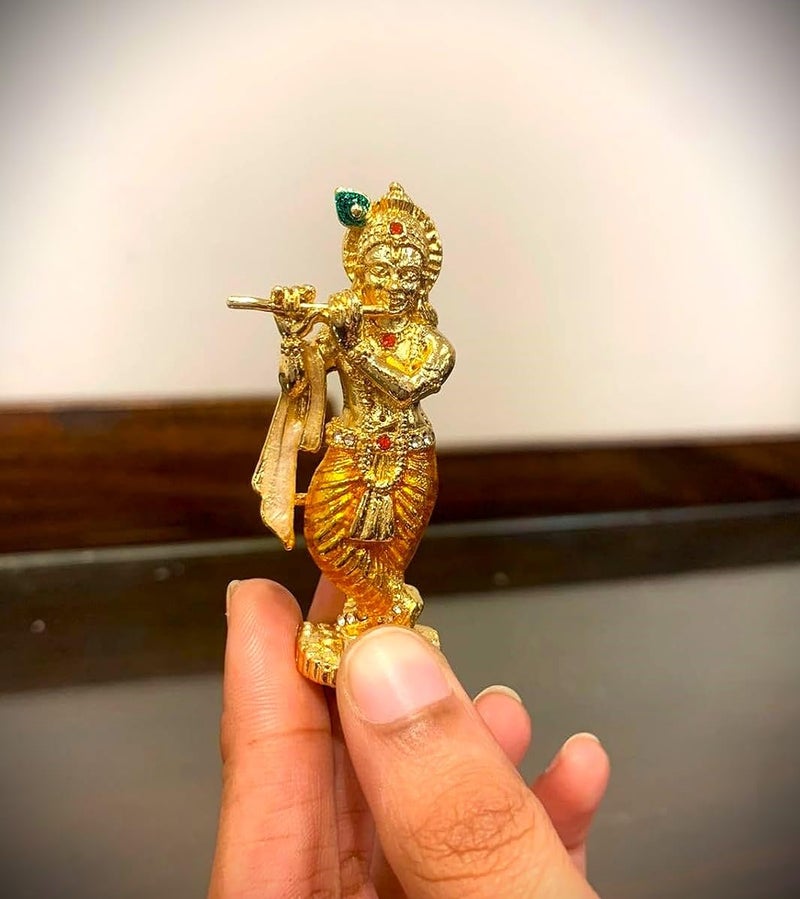 Tarang Arts Lord Krishna Crystal Idol with Flute, Small comapct Size Brass Krishna Statue for Home Decor, Car Dashboard, Puja Room, Religious Festivals & Gifts (3x1 Inch, Orange) - Image 4