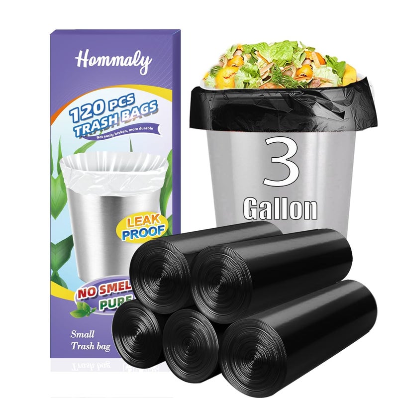 HOMMALY 3 Gallon 120pcs Small black Trash Bags(Fit 3-3.2 Gal) Plastic Strong black Garbage Bags,Bathroom Trash Can Bin Liners,Waste Basket Liner,Fit 10-13 Liter, 2.6 Gallon,3 Gallon,3.2Gallon (3-Black120) - Image 1