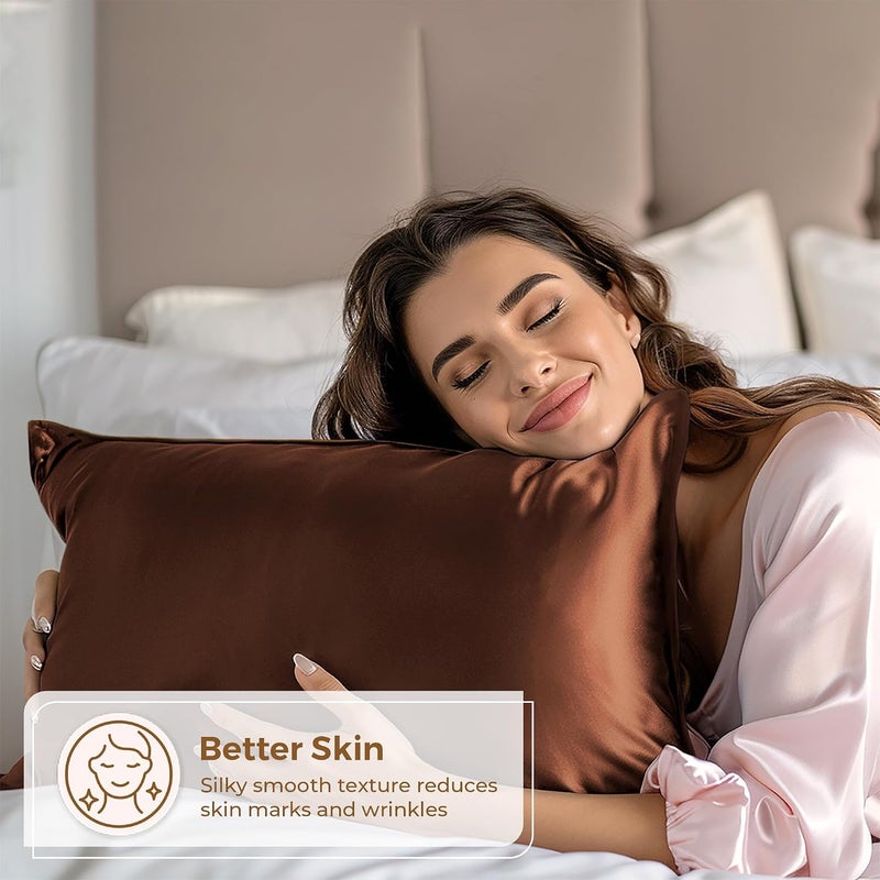Pure Bedding Satin Pillowcase 2 Pack - Queen Size (20"x30", Brown) - Silky Pillow Cases for Hair and Skin - Satin Pillow Covers with Envelope Closure - Extra Soft Premium Microfiber - Image 2